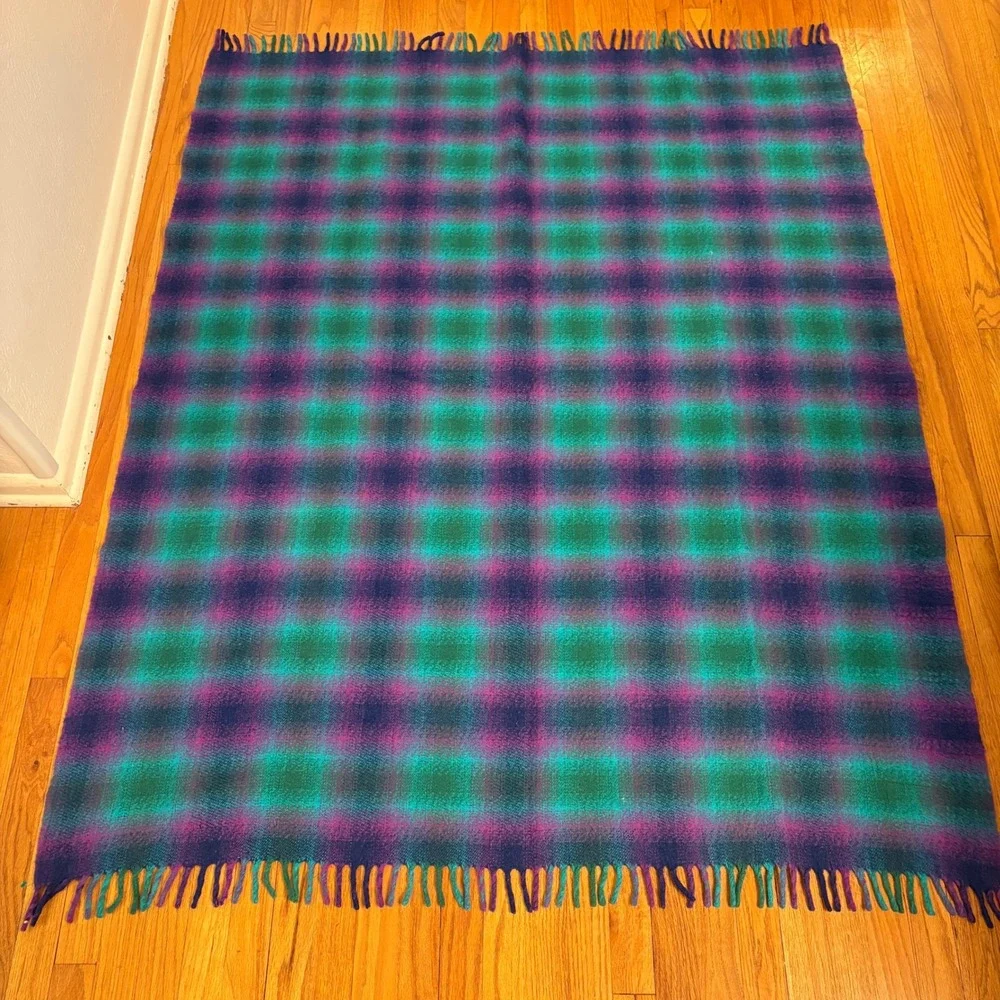 Hallim Handweavers, Wool Blanket, Purple Teal Plaid, 53x64, handmade